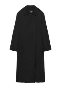 Palton negru lung cu guler larg, mâneci lungi și închidere frontală ascunsă, realizat din material neted.