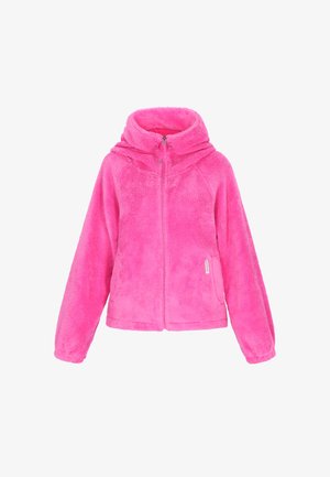 Hanorac roz pufos cu fermoar, cu glugă, mâneci lungi și textură moale. Include un logo discret pe partea inferioară, aproape de tiv.