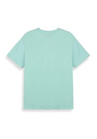 Camiseta de manga corta en un verde menta sólido, con cuello redondo y textura de algodón suave, con un ajuste simple y relajado.