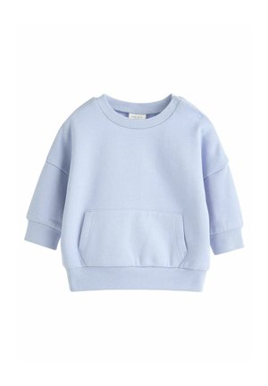Lyseblå bomulds sweatshirt med rund hals, sænkede skuldre, lange ærmer, en frontlomme og ribbede manchetter og kant.