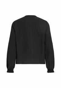 Melna garām piedurknēm blūze ar teksturētu ribotu dizainu, apaļu kakla izgriezumu un savāktām aprocēm. Īss siluets ar gludu apdari.