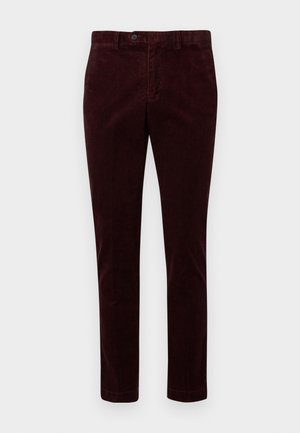 Burgunderfarbene Baumwollcordhose mit geradem Bein, ausgestattet mit einem Knopfverschluss und einem glatten Material, vor einem weißen Hintergrund präsentiert.