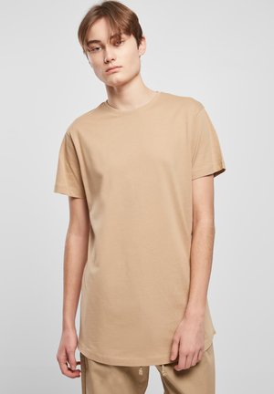 Beige Baumwoll-T-Shirt mit kurzen Ärmeln, rundem Hals und lässigem Schnitt, das eine glatte Textur aufweist und keine sichtbaren Muster oder Akzente hat.