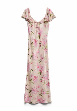Robe maxi fleurie rose clair avec manches volantées épaules dénudées et lien à nouer devant au niveau de l'encolure.