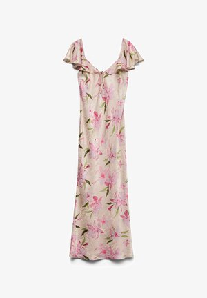 Robe maxi fleurie rose clair avec manches volantées épaules dénudées et lien à nouer devant au niveau de l'encolure.