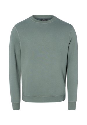 Sweat-shirt vert uni à manches longues avec col rond, poignets et ourlet côtelés, présenté de face sur fond blanc.