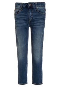 Jeans de mezclilla azul oscuro con ajuste slim, diseño de cinco bolsillos, desvanecimiento sutil y cierre de botón de metal en la cintura.