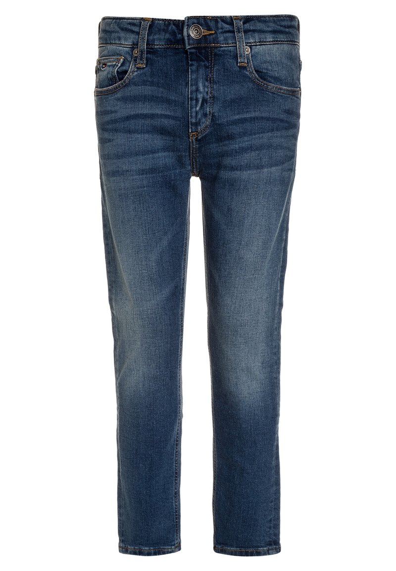 Jeans de mezclilla azul oscuro con ajuste slim, diseño de cinco bolsillos, desvanecimiento sutil y cierre de botón de metal en la cintura.