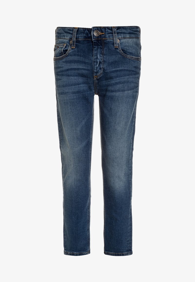 Jeans de mezclilla azul oscuro con ajuste slim, diseño de cinco bolsillos, desvanecimiento sutil y cierre de botón de metal en la cintura.