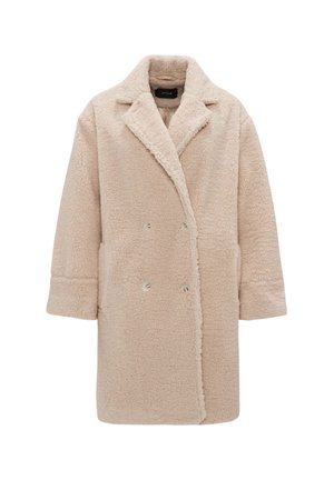 Cappotto beige in faux shearling con colletto a rever, chiusura doppiopetto, due tasche laterali e maniche lunghe con polsini. Finitura morbida e strutturata.
