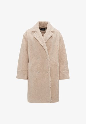 Cappotto beige in faux shearling con colletto a rever, chiusura doppiopetto, due tasche laterali e maniche lunghe con polsini. Finitura morbida e strutturata.