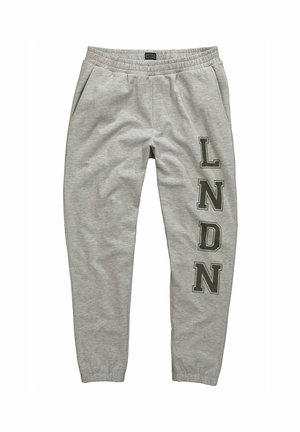 Graue Sweatpants aus einer weichen Baumwollmischung, mit einem elastischen Bund und dem Text "LNDN" in fetten, dunkelgrünen Buchstaben an der Seite.