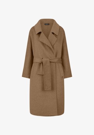 Cappotto marrone con cintura realizzato in tessuto testurizzato, caratterizzato da un ampio colletto, maniche lunghe e una silhouette dritta. Nessun fissaggio visibile.