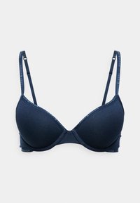 Sutien căptușit de culoare albastru marin, cu bretele reglabile și detalii cu logo pe benzi. Material neted, cu un design al cupei rotunjit și închidere la spate.