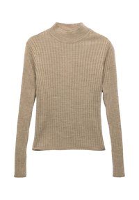 Suéter de cuello alto beige con mangas largas. Presenta un diseño ajustado y un tejido texturizado, ofreciendo una apariencia uniforme y suave.