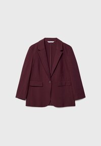 Burgundzka marynarka, strukturalny design, dwie przednie kieszenie, klapy w kształcie litery V, zapięcie na jeden guzik, gładki materiał, rękawy o długości trzech czwarci.