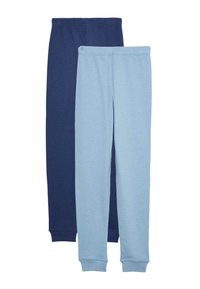 Dos pares de leggings ajustados: uno en azul marino oscuro y otro en azul claro. Ambos tienen cinturillas elásticas y puños acanalados en los tobillos.