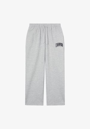 Pantaloni della tuta grigi in cotone con coulisse elastica in vita, cordino e piccolo logo blu scuro sulla coscia sinistra. Taglio a gamba dritta e tessuto morbido.