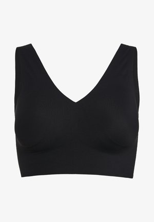 Musta bralette, jossa on syvä V-pääntie, valmistettu sileästä kankaasta. Sisältää pehmeät kupit ja leveät olkaimet saumatonta ilmettä varten.