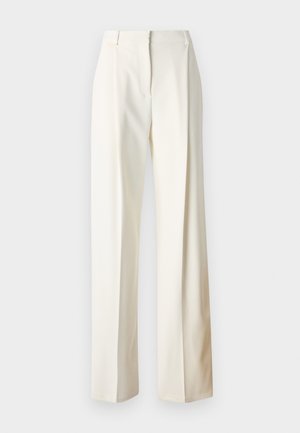 Pantaloni a gamba larga color crema, realizzati in un tessuto liscio, con davanti piatto e senza motivi visibili. Include una zip nascosta e passanti per cintura.