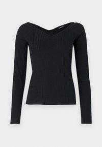 Schwarzes Langarmoberteil mit geripptem Textil, das einen tiefen V-Ausschnitt und eine figurnahe Passform aufweist, aus dehnbarem Stoff für zusätzlichen Komfort gefertigt.