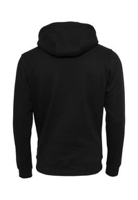 Zwarte hoodie met lange mouwen, een gladde textuur, geribbelde manchetten en zoom, en een eenvoudig ontwerp zonder zichtbare logo's of patronen.
