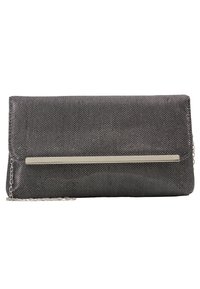 Kabelka do ruky z metalicky tmavě šedé látky s texturovaným povrchem. Má stříbrný kovový proužek přes přední část a řetízkový pásek.