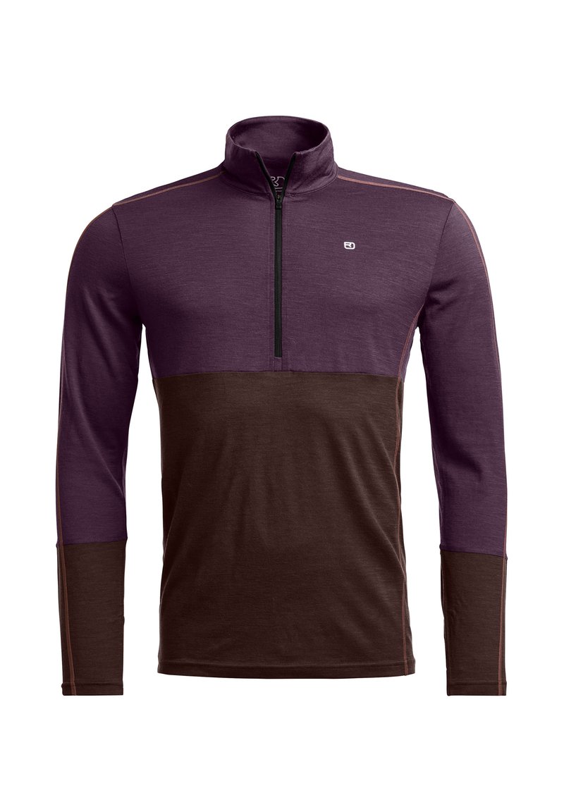 Zip-up pullover in purple and brown. Features long sleeves, a high collar, and contrasting fabric sections. Soft texture with subtle accents.