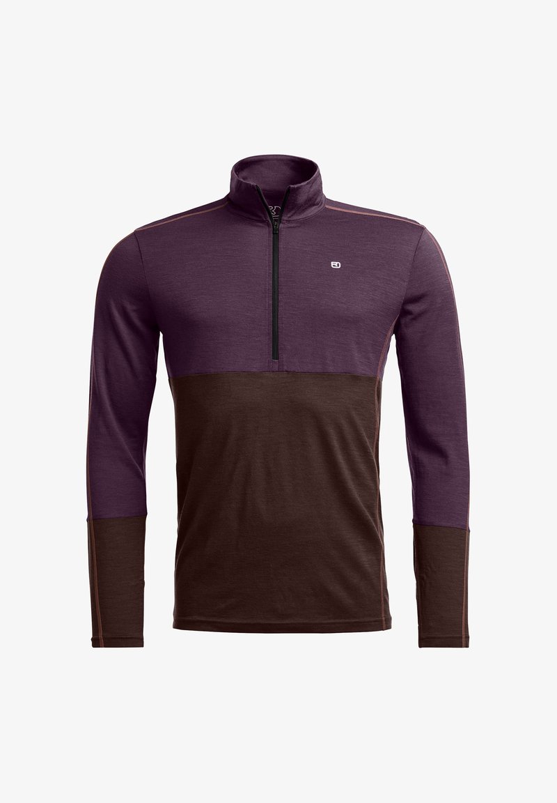 Zip-up pullover in purple and brown. Features long sleeves, a high collar, and contrasting fabric sections. Soft texture with subtle accents.