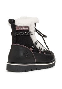 Botte en cuir noir et textile avec un col en fausse fourrure blanche, des lacets roses et une semelle en caoutchouc blanche. Logo Kimberfeel sur le talon.