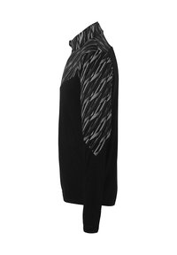 Sort pullover med høj krave, med mønstrede grå ærmer. Blød tekstur, afslappet pasform, og kontrastdesign på manchetter og skuldre.