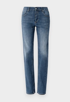 Blauwe denim jeans met een rechte pijp, voorzien van vijf zakken, een knoopsluiting en een lichte wassing met subtiele vervagingseffecten.