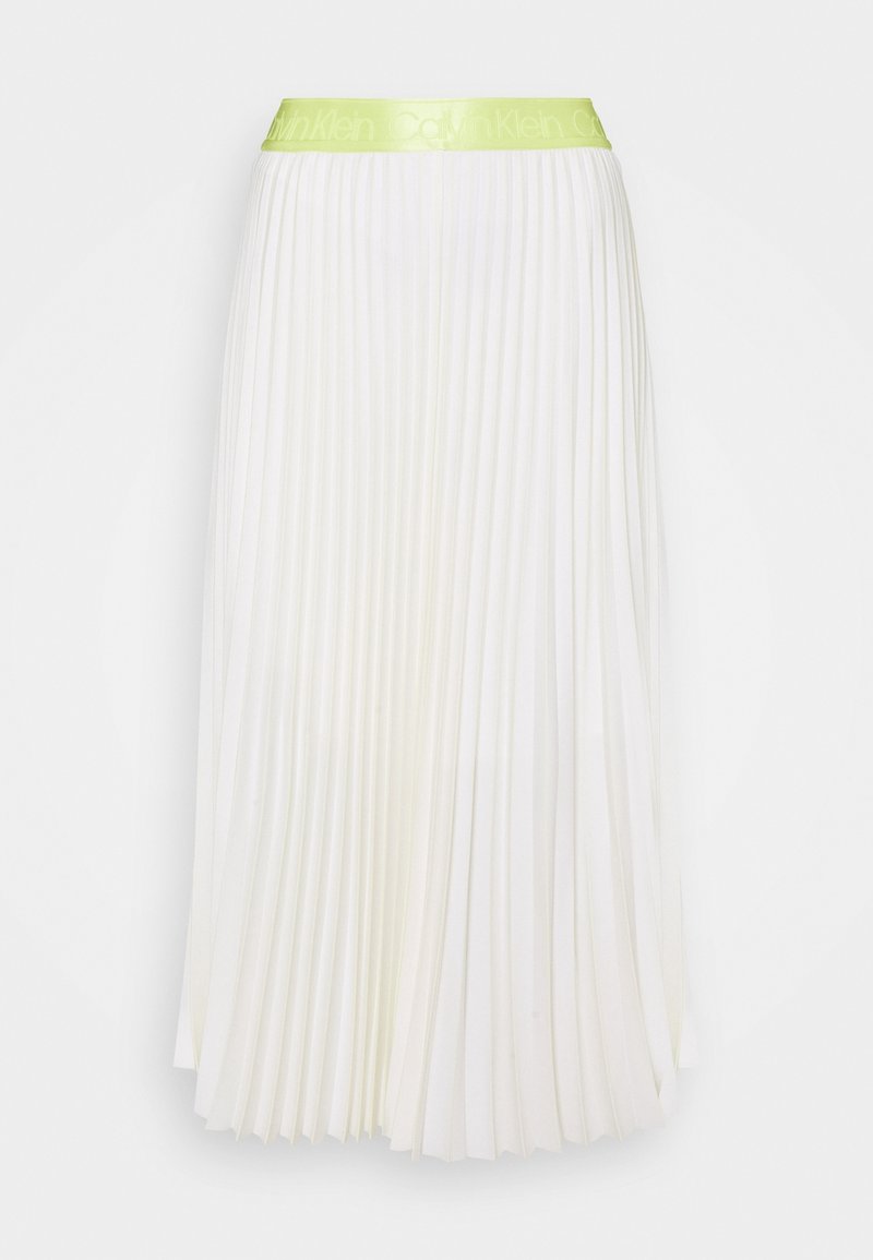 Jupe midi plissée blanche avec une ceinture élastique vert citron mettant en avant un discret logo Calvin Klein.