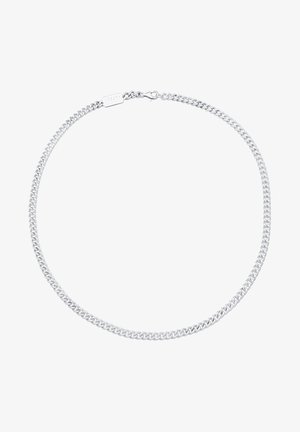 Kette aus silberfarbener Metallkette mit ineinandergreifenden Gliedern, die eine glatte Oberfläche und einen sicheren Verschluss aufweist. Minimalistisches Design mit einem dezenten Etikett.