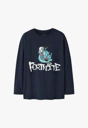 Navy longsleeve T-shirt van katoen met een kleurrijke afbeelding van een lama en het woord "FORTNITE" in witte, vetgedrukte letters.