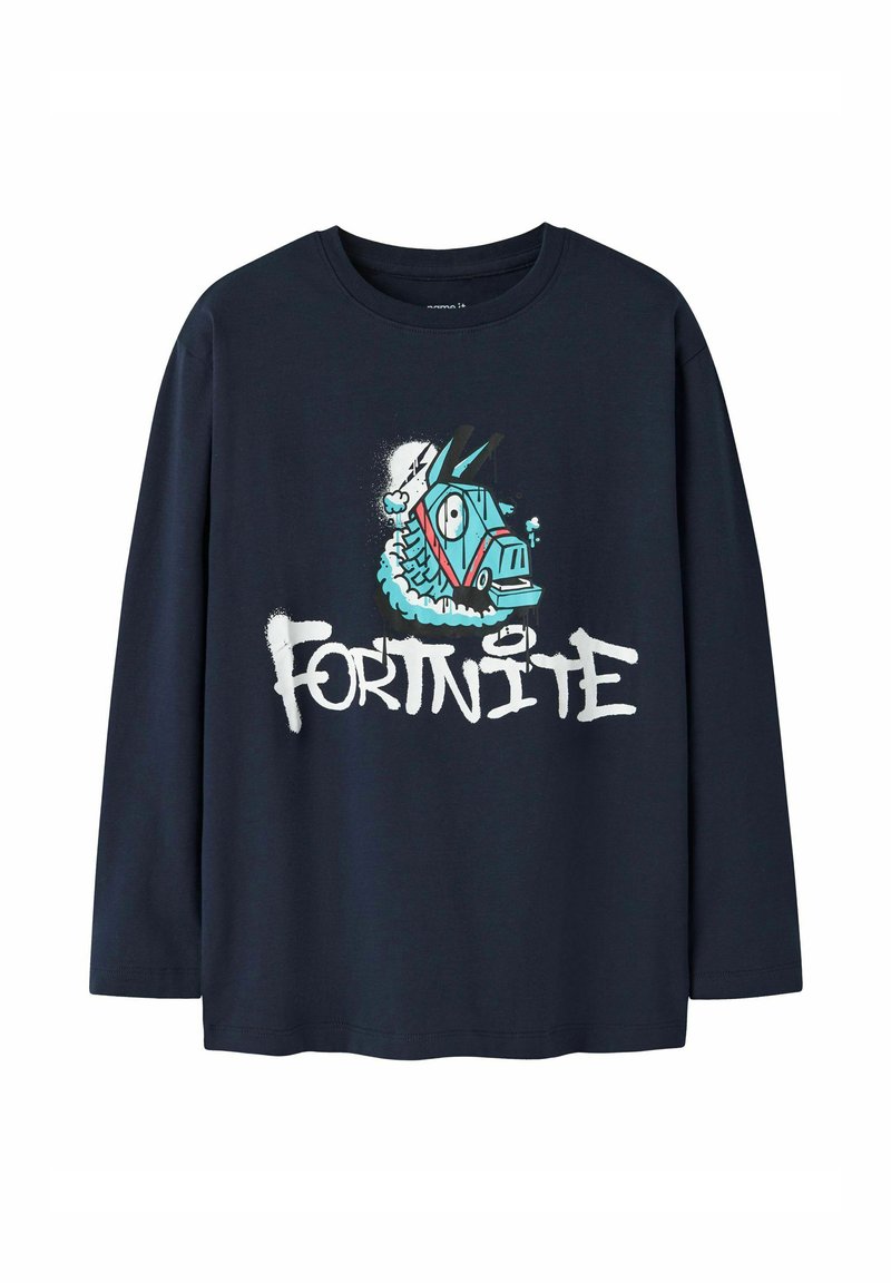 Maglietta a maniche lunghe blu navy in cotone con una grafica colorata di un lama e la parola "FORTNITE" in lettere bianche e grassetto.