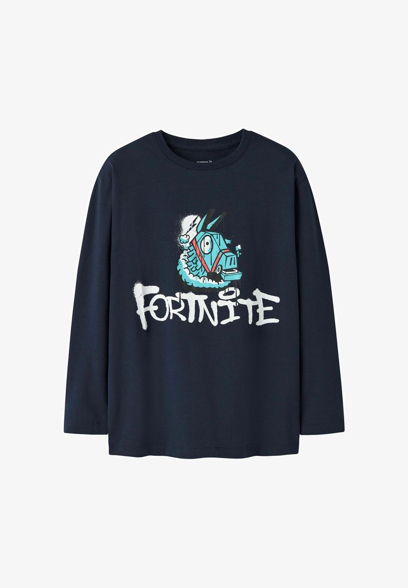 Maglietta a maniche lunghe blu navy in cotone con una grafica colorata di un lama e la parola "FORTNITE" in lettere bianche e grassetto.