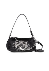 Schwarze Wildlederhandtasche in runder Form, mit silbernen Kettenakzenten und einem auffälligen Kronenlogo. Verfügt über einen abnehmbaren Riemen und einen Reißverschluss.