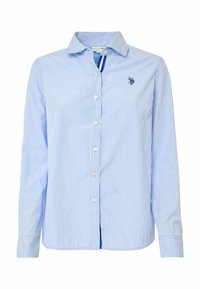 Camicia a maniche lunghe con bottoni, a righe verticali azzurro chiaro e bianche, con colletto e piccolo logo ricamato blu navy sul petto a sinistra.