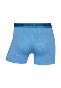 Blue boxer shorts with a textured, grid pattern. Features a contrasting black elastic waistband with "JBS UNDERWEAR" printed.