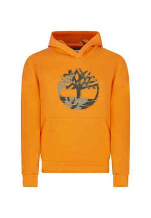 Haut à capuche orange avec une poche kangourou à l'avant et un graphique circulaire d'un design d'arbre dans des couleurs atténuées. Fabriqué en tissu doux et durable.