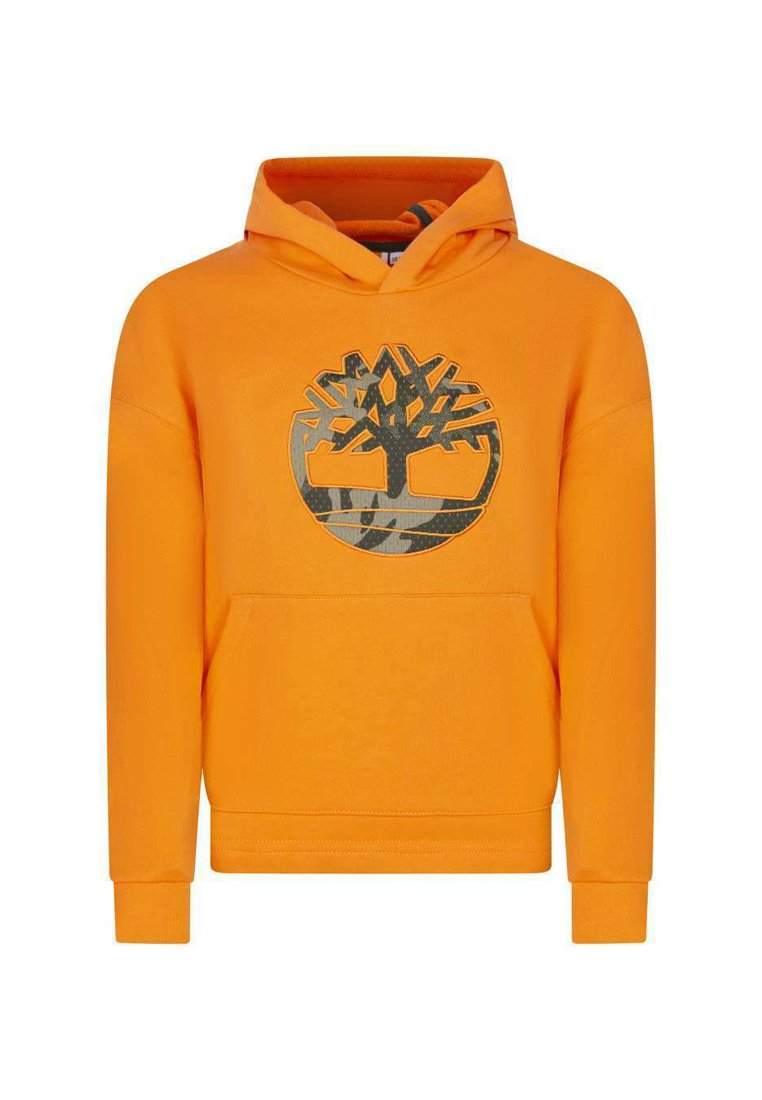 Haut à capuche orange avec une poche kangourou à l'avant et un graphique circulaire d'un design d'arbre dans des couleurs atténuées. Fabriqué en tissu doux et durable.