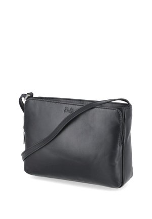 Sac bandoulière en cuir noir avec bandoulière fine réglable et fermeture éclair, design rectangulaire simple sans poches extérieures.