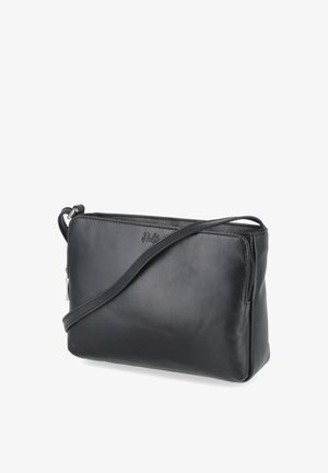 Sac bandoulière en cuir noir avec bandoulière fine réglable et fermeture éclair, design rectangulaire simple sans poches extérieures.