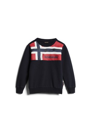 Marineblaue Sweatshirt mit einem roten, weißen und blauen norwegischen Flaggenmotiv auf der Brust und „Napapijri“-Logo in der Mitte.
