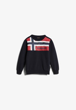 Sweat-shirt bleu marine avec un motif du drapeau norvégien rouge, blanc et bleu sur la poitrine et le logo « Napapijri » au centre.