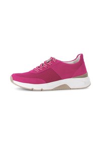 Fuchsia athletic shoe with mesh and solid panels, white sole, round toe, and contrasting beige accents. Features laces and a cushioned sole.