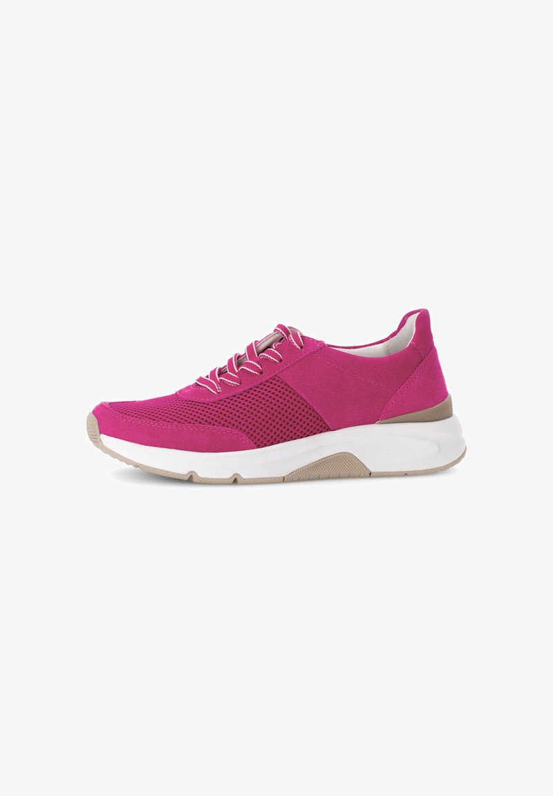 Fuchsia Sportsschuh mit Netz- und festen Einsätzen, weißer Sohle, runder Zehenpartie und kontrastierenden beige Akzenten. Mit Schnürsenkeln und dämpfender Sohle.
