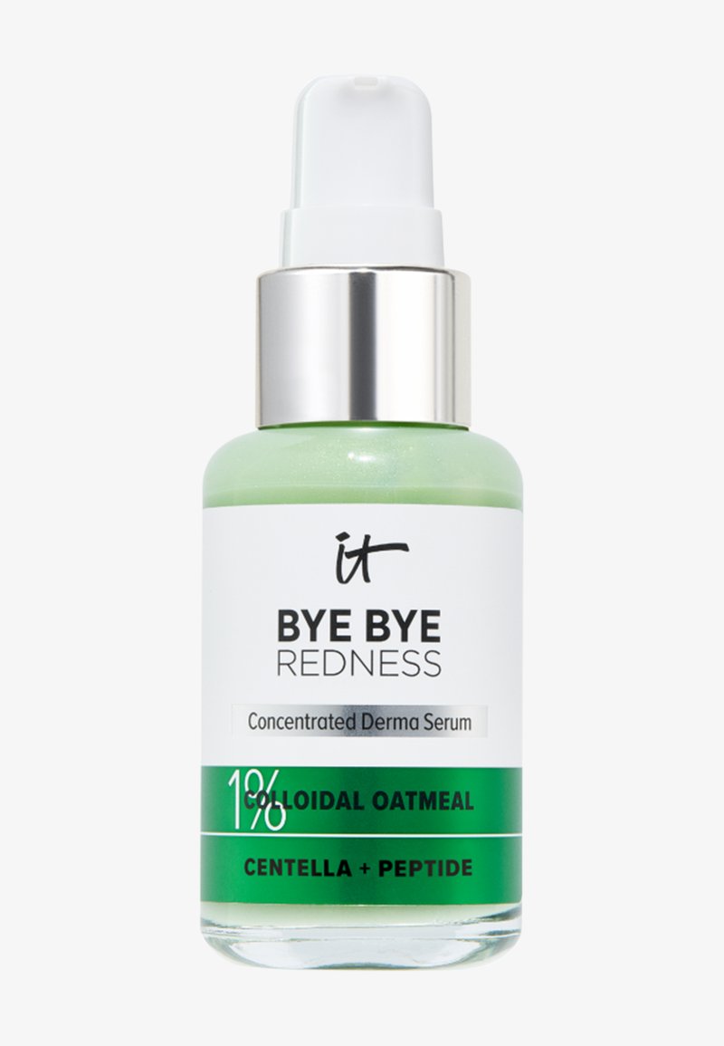 Flacon de sérum It Bye Bye Redness avec pompe, contenant 1 % d'avoine colloïdale, de la centella et des peptides pour soulager les rougeurs de la peau.