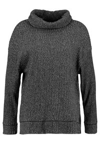 Šedý, žebrovaný svetr s širokým límcem a dlouhými rukávy. Texturovaná tkanina, volný střih a rovný lem bez ozdob.